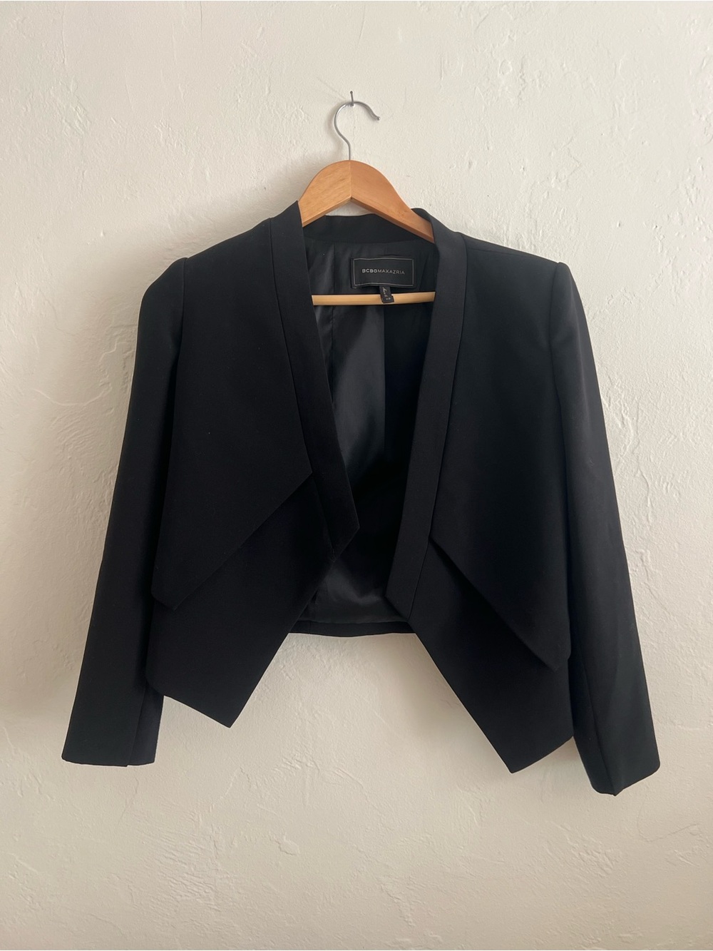 BCBGMaxAzria Black Cropped Draped Open Blazer